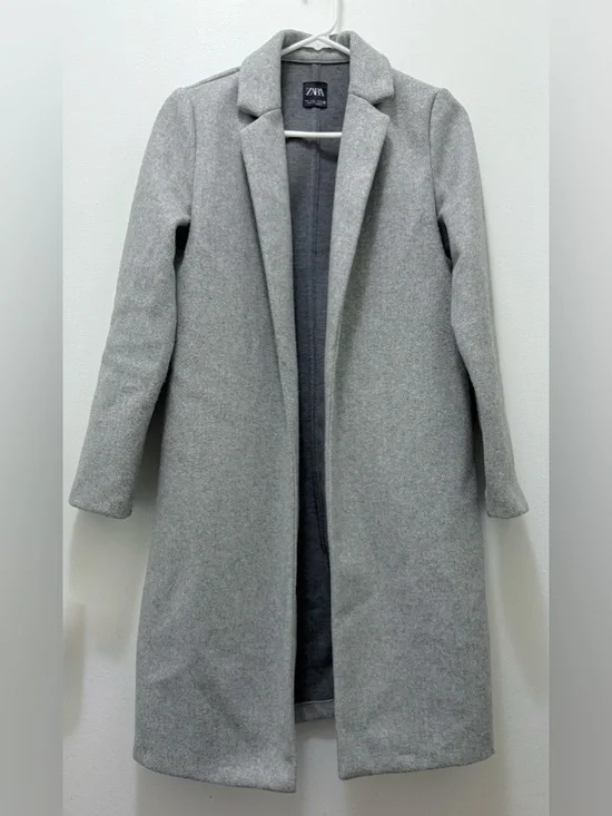 ZARA Light Gray Long Notch-Lapel Trench Coat - Size US Small - Picture 1 of 12